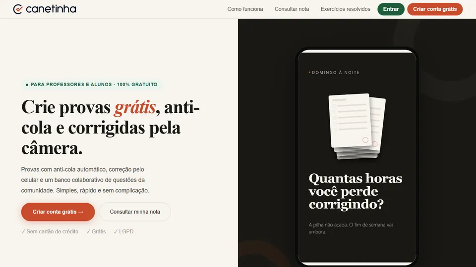 Página inicial da Canetinha: título Crie provas grátis, anti-cola e corrigidas pela câmera, ao lado de um celular com uma pilha de provas.