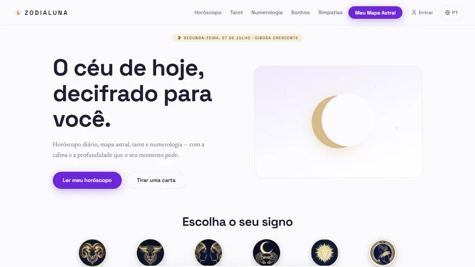 Página inicial da Zodialuna: título O céu de hoje, decifrado para você, com uma lua crescente e a escolha dos signos.