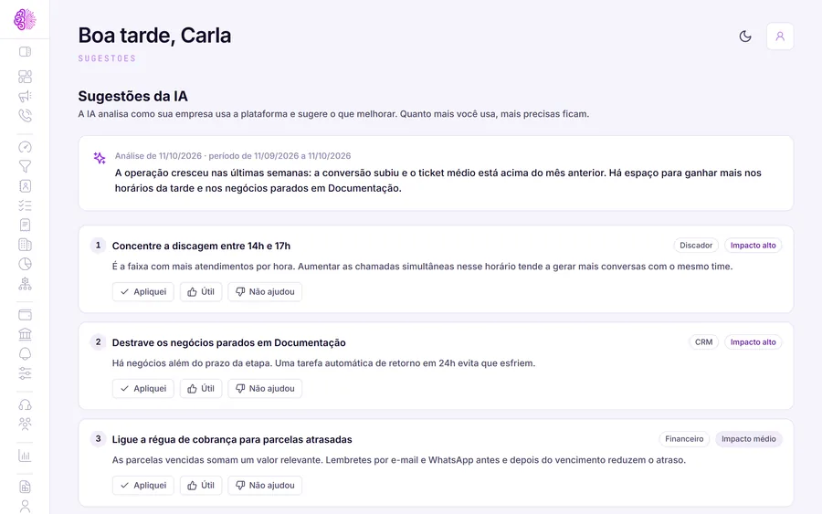 Tela real das sugestões da IA na Mentalize: análise do período e sugestões numeradas com o módulo e o impacto de cada uma.
