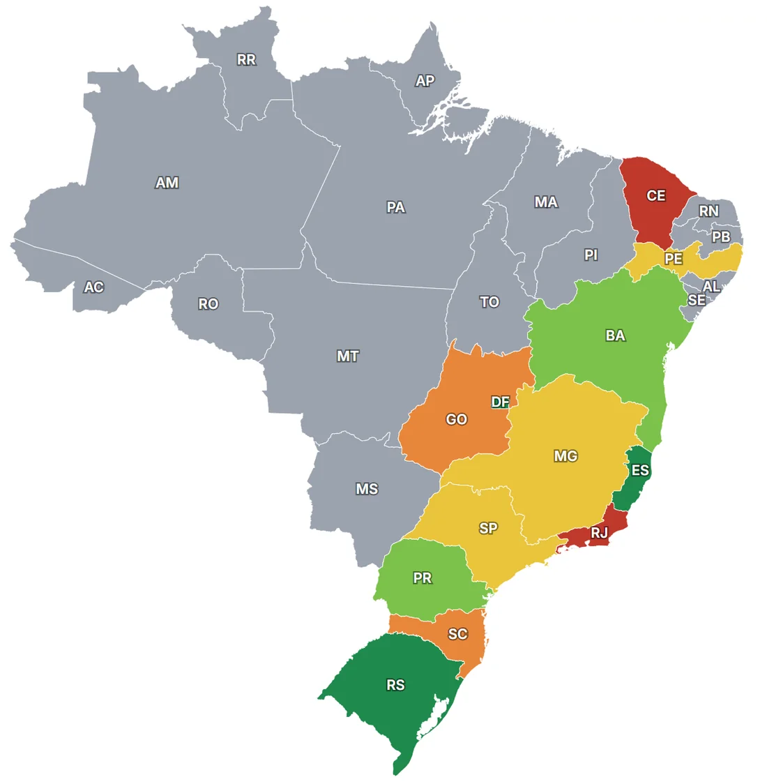Detalhe ampliado: mapa do Brasil com o resultado das ligações por estado.